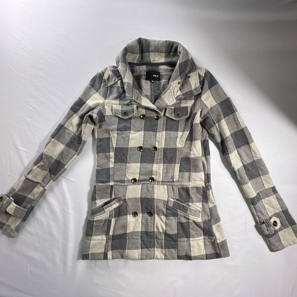 Hurley Double Breasted Jacket Women's Med Gray Buffalo Plaid Fleece Pockets Y2K